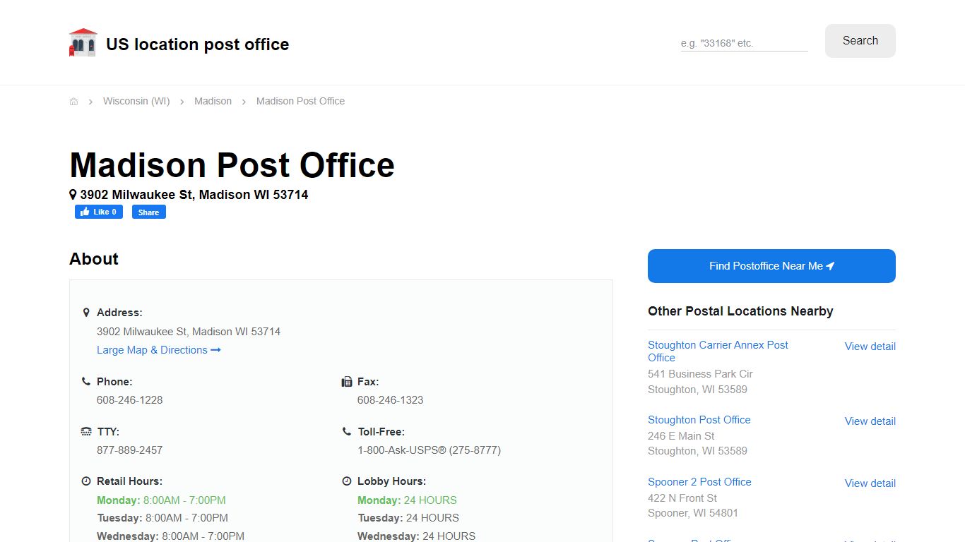 Madison Post Office, WI 53714 - Hours Phone Service and Location