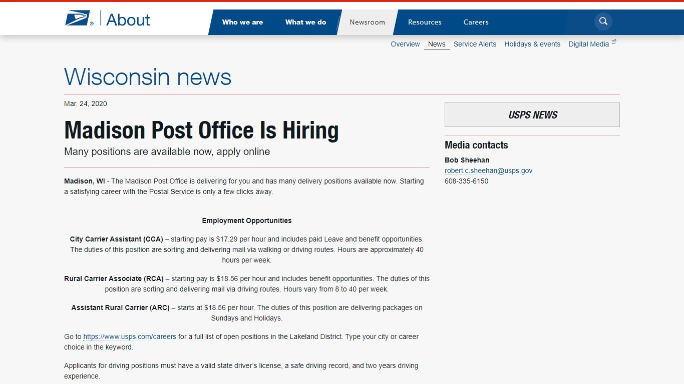 Madison Post Office Is Hiring - Wisconsin newsroom - USPS